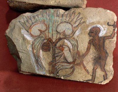 Ostrakon zobrazující opici sbírající datle, kterou pozoruje mladý muž z Egypta, Západní Théby, Deir el-Medina od Egyptian 19th Dynasty