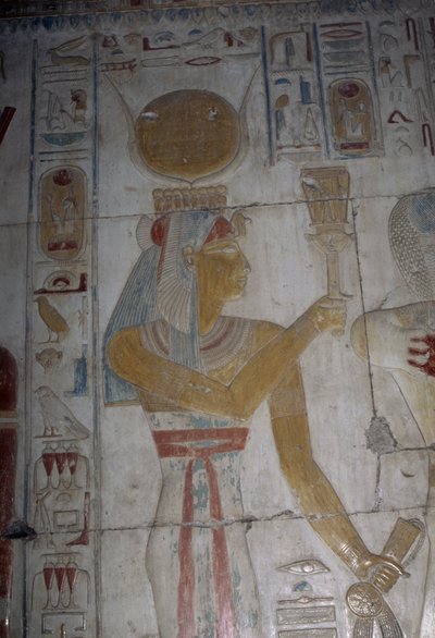 Malovaný reliéf zobrazující bohyni Hator, Osirisova kaple, chrám Setiho I. od Egyptian 19th Dynasty