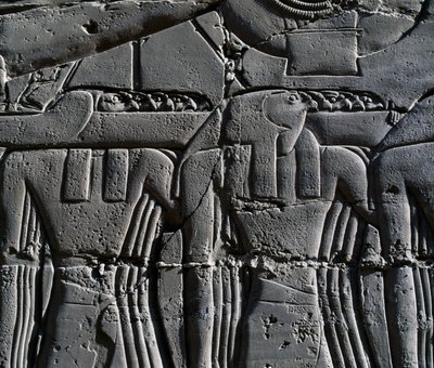 Kněz s maskou jestřába, detail ze scény zobrazující Ramsese II. před posvátnou lodí, reliéf, vnitřní stěny Velké hypostylové síně, chrámový komplex v Karnaku (Seznam světového dědictví UNESCO) od Egyptian 19th Dynasty