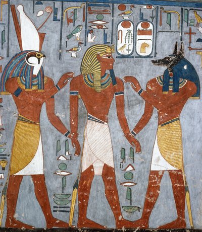 Rameses I mezi Horem a Anubisem, freska, pohřební komora, Hrobka Ramesse I (KV16), Údolí králů, Théby (Seznam světového dědictví UNESCO od Egyptian 19th Dynasty
