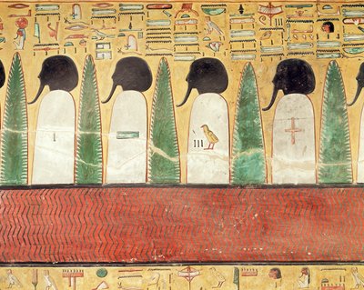 Reliéf zobrazující černohlavé bohy v podsvětí, z hrobky Setiho I. (r.1294-1279 př.nl) Nová říše (malovaný vápenec) od Egyptian 19th Dynasty