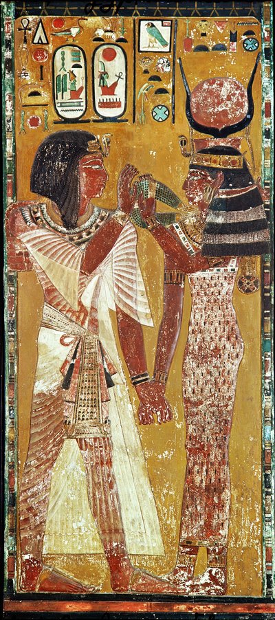 Reliéf zobrazující bohyni Hathor, jak nasazuje magický obojek Setimu I. (asi 1394-1279 př. n. l.) Nová říše (malovaný vápenec) od Egyptian 19th Dynasty