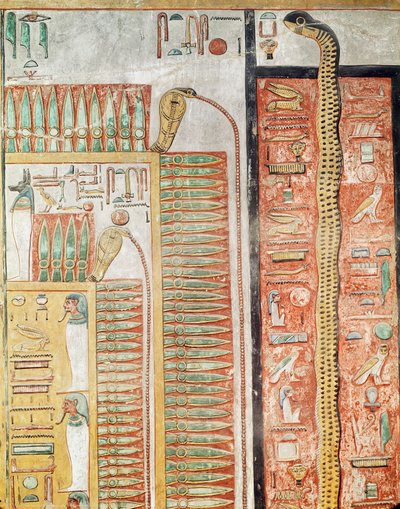 Reliéf zobrazující cestu, kterou musí mrtví přejít do posmrtného života, z hrobky Setiho I. (asi 1294-1279 př. n. l.) Nová říše (malovaný vápenec) od Egyptian 19th Dynasty