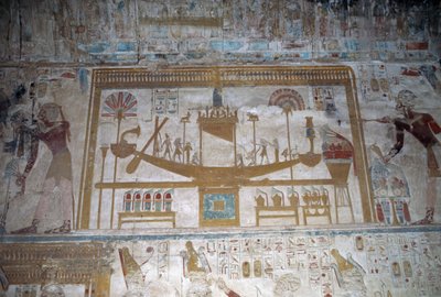 Posvátná loď, basreliéf, Osirisova kaple, chrám Setiho I. od Egyptian 19th Dynasty