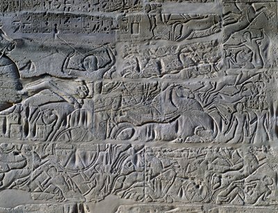 Tažení Setiho I. v Sýrii a Palestině, reliéf, severní vnější stěna Velké hypostylové síně, chrámový komplex v Karnaku (Seznam světového dědictví UNESCO) od Egyptian 19th Dynasty