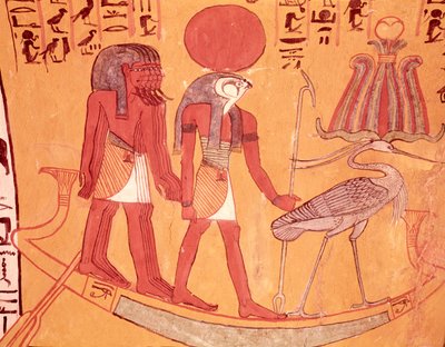 Solární barque s Re-Horakhty, ptákem benu a čtyřmi dalšími božstvy, z hrobky Sennedjem, The Workers Village, New Kingdom (nástěnná malba) od Egyptian 19th Dynasty