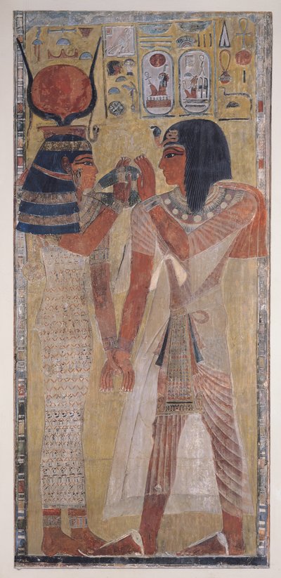 Bohyně Hathor umístila magický obojek na Setiho I. (asi 1394-1279 př. n. l.), pořízený z hrobky Setiho I. v Údolí králů, Nová říše (malovaný vápencový reliéf) od Egyptian 19th Dynasty