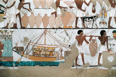 Nástěnná malba zobrazující scénu přepravy vína na lodi z Nové říše od Egyptian 20th Dynasty