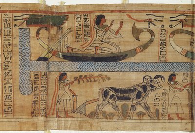 Detail z Knihy mrtvých kněze Aha-Mer zobrazující barque a farmářskou scénu, třetí přechodné období (papyrus) od Egyptian 21st Dynasty