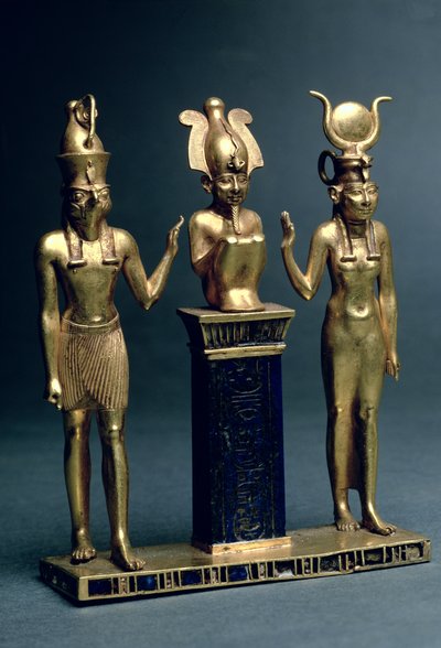 Triáda Osorkona II: Osiris lemovaný Isis a Horem, třetí přechodné období, cca 874-850 př. n. l. (zlato a lapis lazuli) od Egyptian 22nd Dynasty