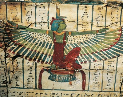 Malované, lakované dřevo, zobrazující bohyni Isis s roztaženými křídly, na sarkofágu Cesraperet ze Západních Théb od Egyptian 25th Dynasty