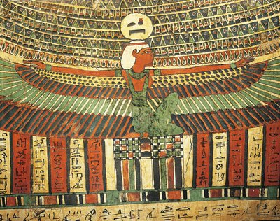 Omítnuté a malované dřevo zobrazující bohyni Nut chránící falešné dveře vedoucí do posmrtného života, ze sarkofágu z Tashakheperu, Théby od Egyptian 26th Dynasty