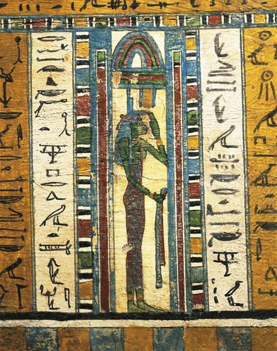 Omítnutý a malovaný dřevěný panel zobrazující bohyni Isis ze sarkofágu Usai, Théby od Egyptian 26th Dynasty
