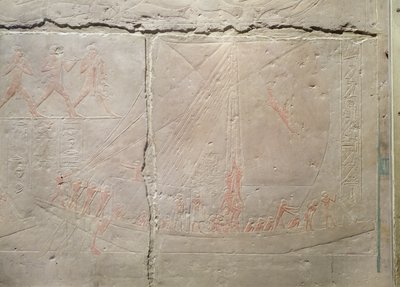 Reliéf zobrazující cestu lodí z Mastaby z Akhethotepu, Stará říše, cca 2400 př. n. l. (malovaný vápenec) od Egyptian 5th Dynasty
