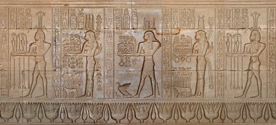 Egyptský starověk: průvod božstev - Detail východní stěny chrámu bohyně Hathor a Denderah, Egypt - Egyptská civilizace: průvod božstev, vytesaný na stěně chrámu Hathor (nebo chrámu Tentyra) v Denderah, postavený pod čt. od Egyptian 6th Dynasty