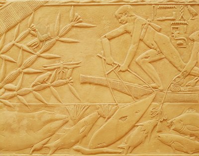 Rybářská scéna, z Mastaba z Kagemni, Stará říše (vápenec) od Egyptian 6th Dynasty