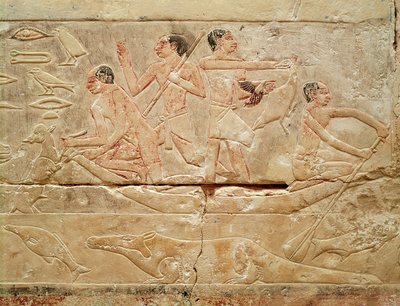 Reliéf zobrazující muže ve člunu, z Hrobky princezny Idut, Stará říše, cca 2330 př. n. l. (malovaný vápenec) od Egyptian 6th Dynasty