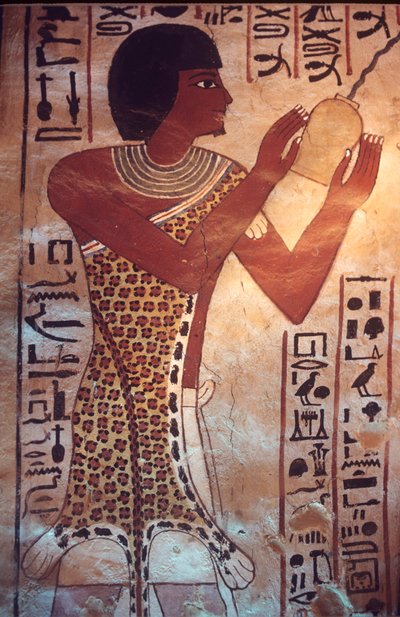 Starověký Egypt, Sennuferova hrobka, Théby, Luxor, Nástěnná malba, freska, nástěnná malba, Sennuferův syn předsedající pohřební hostině, oblečený v rouchu z leopardí kůže od Egyptian Egyptian