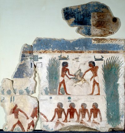 Egyptský starověk: začátek léta. Ptáci jsou zabiti dvěma rolníky. Detail malované vápencové fresky ze slunečního chrámu Abu Gurob. Berlín, Egyptské muzeum od Egyptian Egyptian