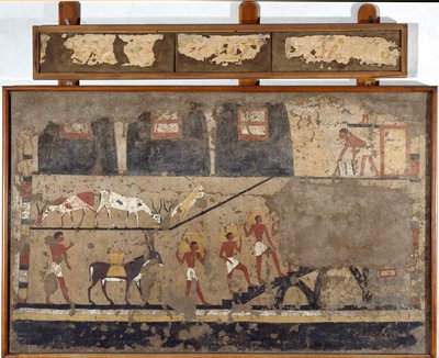 Egyptský starověk: přeprava pšenice na hřbetě mul a na hřbetě mužů. Detrempe na hlíně a slámě z hrobky generála a kancléře krále Itiho v El Ghebelen u Luxoru. 2200-2000 před naším letopočtem. Turín, egyptské muzeum od Egyptian Egyptian