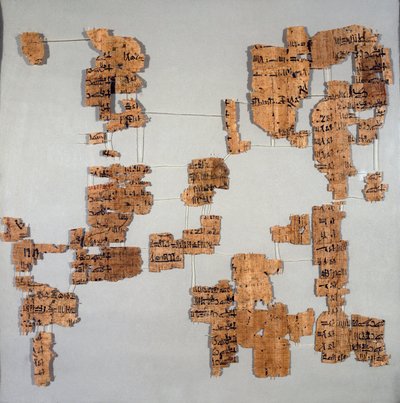 Egyptská antikitida: fragmenty papyru známého jako Royal Canon nebo „Papyrus royal“ obsahující seznam faraonů od 1. do 17. dynastie. Turín, egyptské muzeum od Egyptian Egyptian