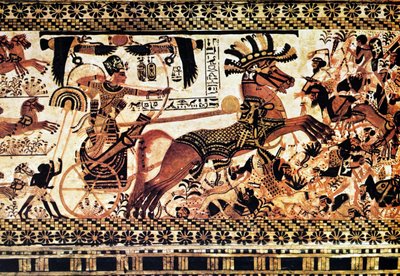 Nástěnná malba v egyptské hrobce zobrazující bitevní scénu od Egyptian Egyptian