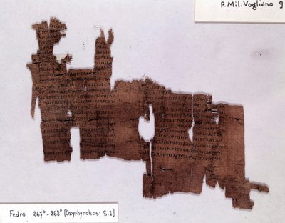 Literární papyrus: „Phedrus“ od Platóna (-428; -348), řeckého filozofa. Univerzita v Miláně, Papyrologický ústav od Egyptian Egyptian