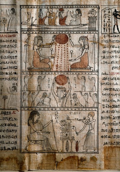 Egyptský starověk: sluneční symbolika. papyrus Knihy mrtvých. Ptolemaiovské období. Turín, Egyptské muzeum - Starověký Egypt: životodárná síla slunce. Papyrus z Knihy mrtvých. Ptolemaiovské období. Egyptské muzeum, Turín, Itálie od Egyptian Ptolemaic Period