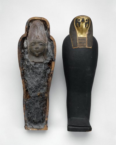 Rakev ve tvaru sokola s mumií zrna, 332–30 př. n. l. (malované a zlacené dřevo, obilí, zemina, len a vosk) od Egyptian Ptolemaic Period