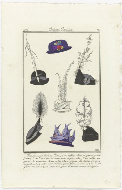 Příslušenství Journal des Dames et des Modes, Costumes Parisiens, 1914, č. 171: Klobouky od Arletta (...) od Eiger