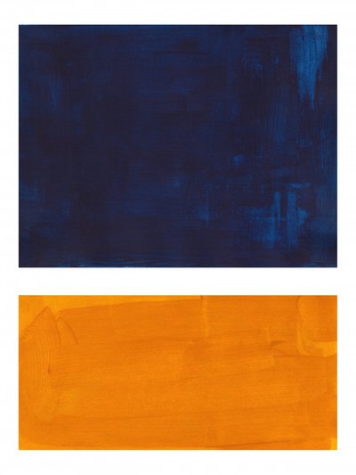 Abstraktní bloky v barvách indigo a oranžové od Ejaaz Haniff