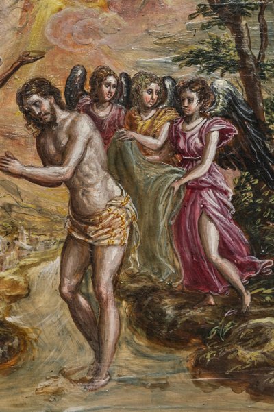 Přenosný oltář: detail pravého panelu dveří znázorňujícího křest Krista (tempera grassa na panelu) od El Greco