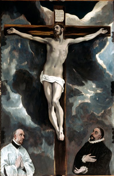 Krista na kříži uctívají dva dárci (obraz od El Greco