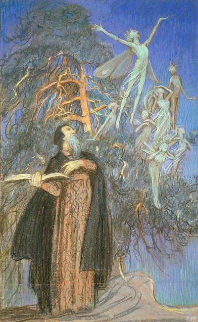 Prospero a Ariel, studie ztraceného obrazu zadaná pro Broadcasting House, Londýn, kolem roku 1931 (pastel na papíře) od Eleanor Fortescue-Brickdale