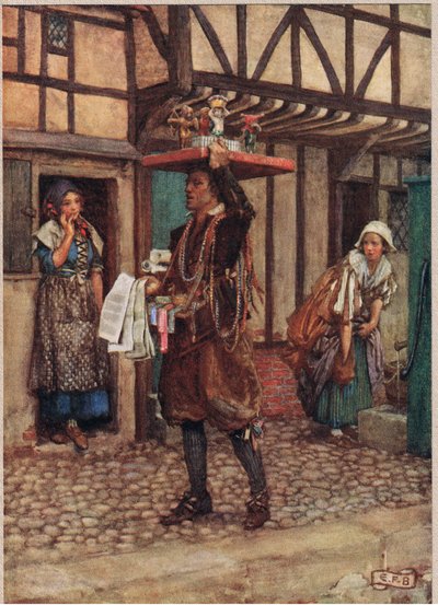 The Pedlar, ilustrace z „Knihy starých anglických písní a balad“ vydané Stodderem a Houghtonem, kolem roku 1910 (barevné lito) od Eleanor Fortescue Brickdale