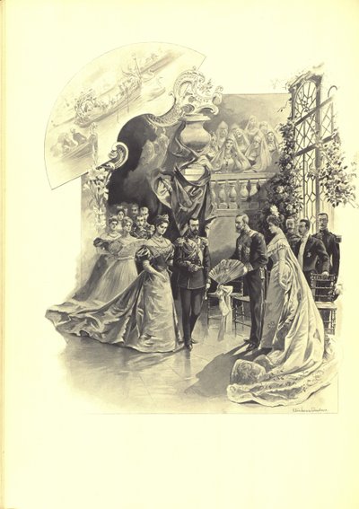 Alexandra Fyorodovna a Nicholas II během slavnostní recepce na francouzském velvyslanectví, 1899 od Elena Petrovna Samokish-Sudkovskaya