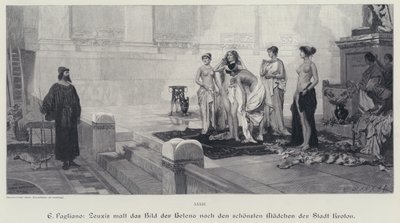 Starověký řecký umělec Zeuxis vybírá z nejkrásnějších žen města Crotone předlohu pro svůj obraz Heleny Trojské (rytina) od Eleuterio Pagliano
