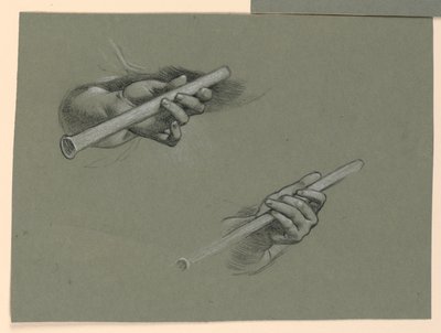 studie dvou rukou držících flétny (?) od Elihu Vedder