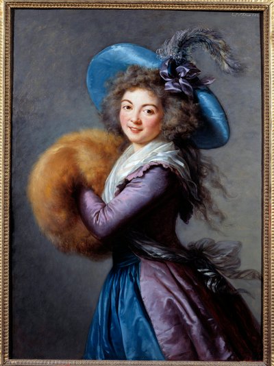 Portrét Madame Mole Reymond (1759-1833), herečky italské komedie Má na sobě klobouk s peřím a rukáv. Obraz Marie Elisabeth Louise Vigee Le brun (ou Vigee-Lebrun ou Vigee Lebrun) (1755-1842) 1786 Sun. 1,04x0,76 m - Portrét o od Elisabeth Louise Vigee Lebrun
