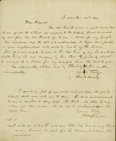 Dopis Fredericku Saugrainovi od Elizy Kennerlyové, 24. prosince 1841 od Eliza Kennerly