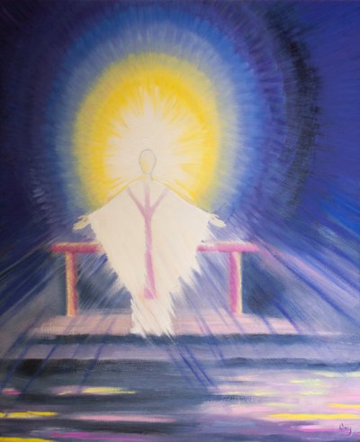 Po mši svaté je Ježíš Kristus, pravý Bůh a pravý člověk, přítomen v celé své slávě, 2000 (olej na palubě) od Elizabeth Wang