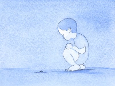 Všechna podivná stvoření, jako hmyz, který toto dítě pozoruje, byla vytvořena z Boží štědrosti a pro potěšení člověka; přesto jsme nyní nedokonalí a příroda neuspořádaná, 2002 (bez papíru na papíře) od Elizabeth Wang