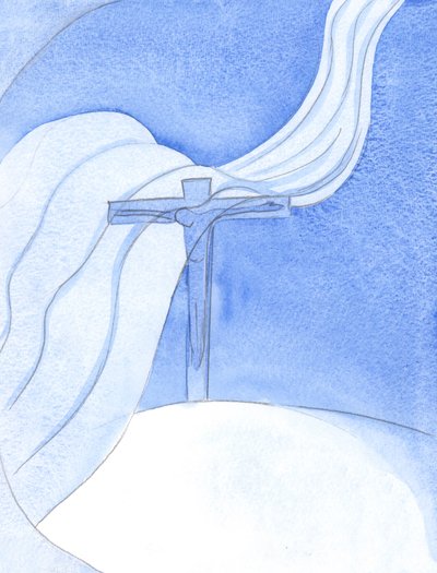 Když Kristus vylévá svou krev v Nové smlouvě, velký zlovolný vítr se přenese přes Kříž, ohrožuje a ničí, 2001 (bez papíru) od Elizabeth Wang