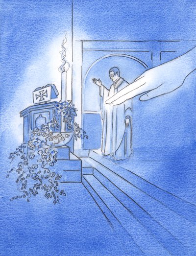 Když kněz natáhl ruku, aby požehnal vodě v křtitelnici, o Velikonocích Bůh Otec natáhl ruku a dotkl se vody, 2002 (bez papíru na papíře) od Elizabeth Wang