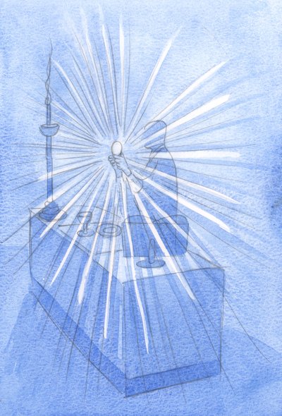 Na svátku „Corpus Christi“ (Posvátné tělo a krev Kristova) proudily z vyvýšené Hostie zářivé paprsky světla, 2001 (bez papíru na papíře) od Elizabeth Wang