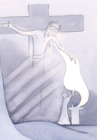 Při každé mši je vylévána Kristova drahocenná krev z kříže, pro naši spásu od hříchu, 2000 (bez papíru) od Elizabeth Wang