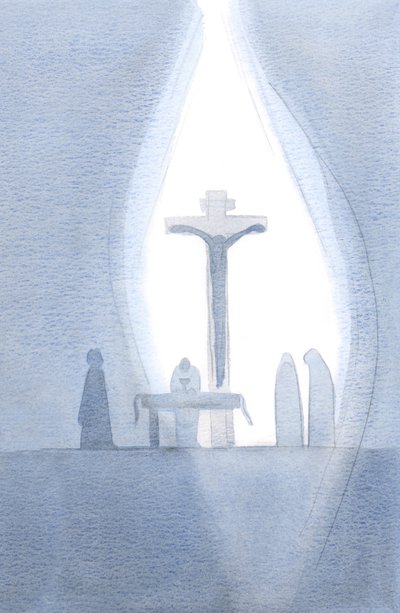 Při každé mši svaté se stáváme přítomni jediné oběti na Kalvárii, jako by se v naší přítomnosti rozevírala opona, 2001 (bez papíru) od Elizabeth Wang