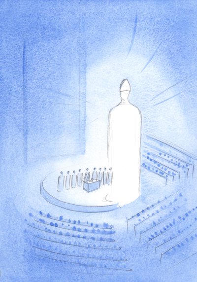 Uprostřed svatyně baziliky Knock jsem viděl Ježíše během mše svaté; Zářil světlem, pokos na hlavě, 2001 (bez papíru) od Elizabeth Wang
