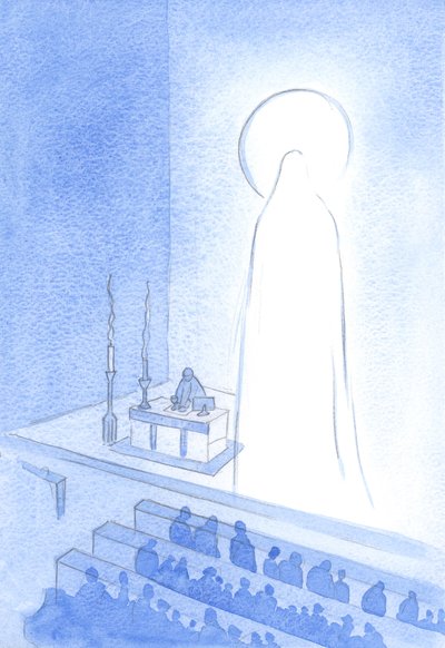 Kristus a Jeho Svatá Matka jsou naživu, nyní v nebi, slavní. Být takto oslavován znamená být majestátní a dokonalý ve všech směrech, 2001 (bez papíru na papíře) od Elizabeth Wang