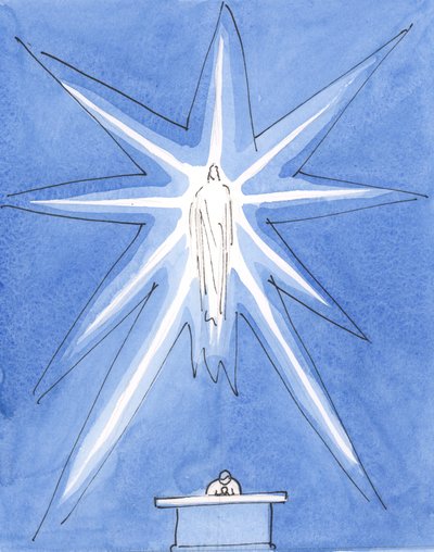 Kristus, náš Bůh, je s námi skutečně přítomen, ve své slávě, při zasvěcení, planoucí svatostí, 2004 (bez papíru) od Elizabeth Wang